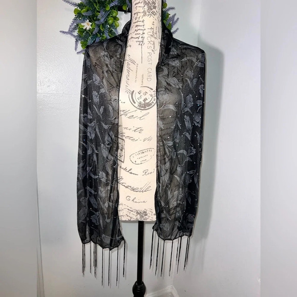Rectangular black floral sequent accented fringed sheer art to wear scarf. - Picture 1 of 8